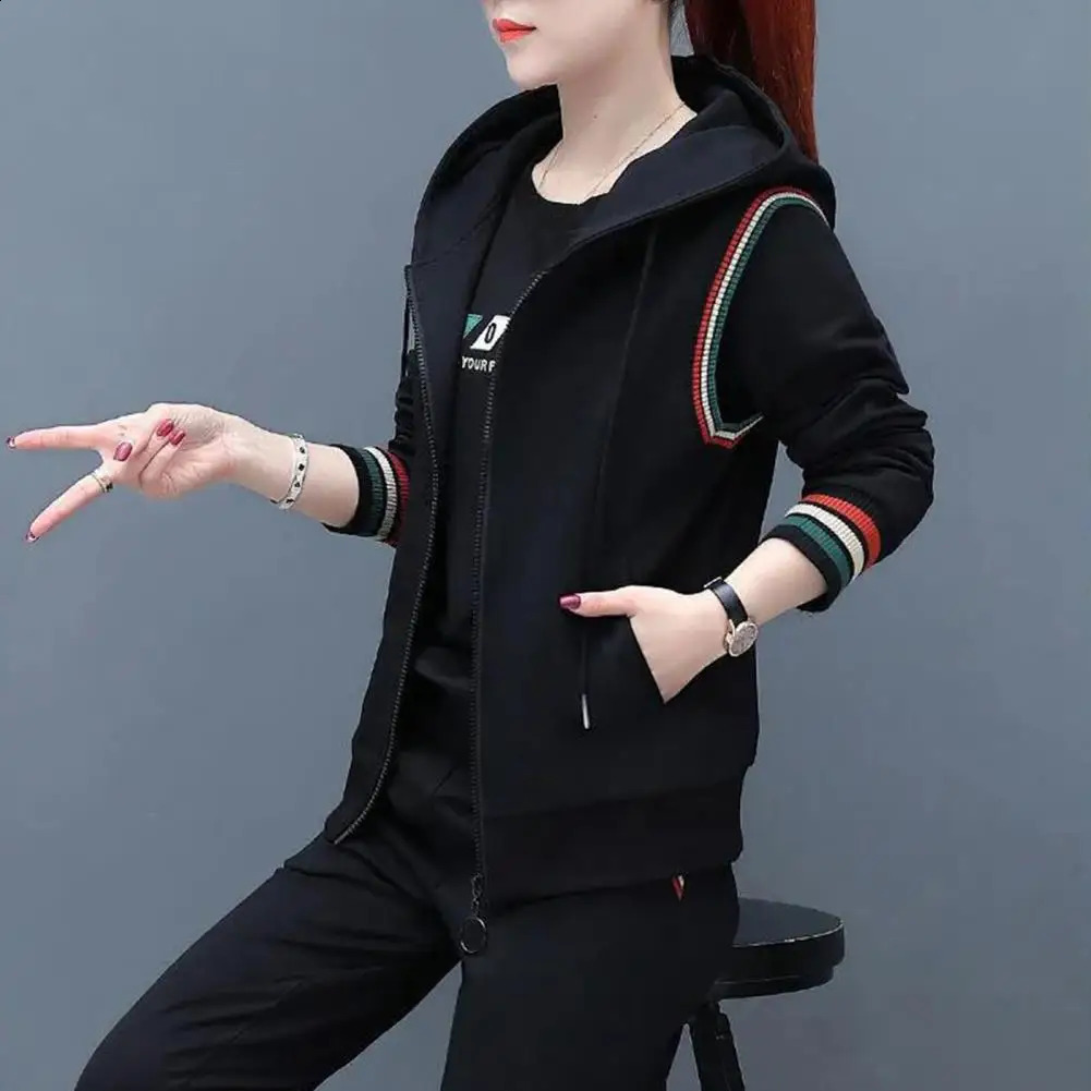 3PcsSet Women Sweatshirt Vest Pants Set Autumn Tracksuit Sleeveless Coat Hooded Long Sleeve Pockets Tops Elastic Cuff 250122