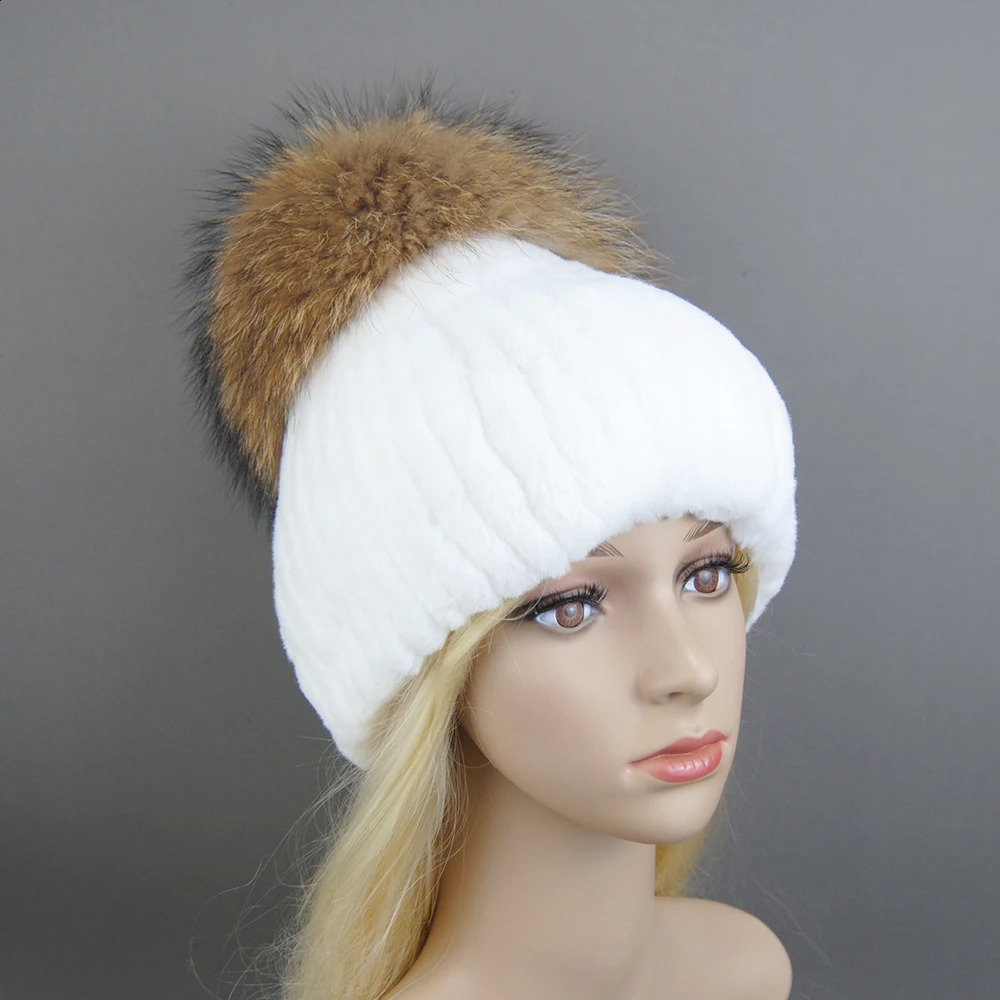 winter warm Rex rabbit fur hat Beanies 100% natural fur hat fashionable knitted leather hat with raccoon fur ball 250109