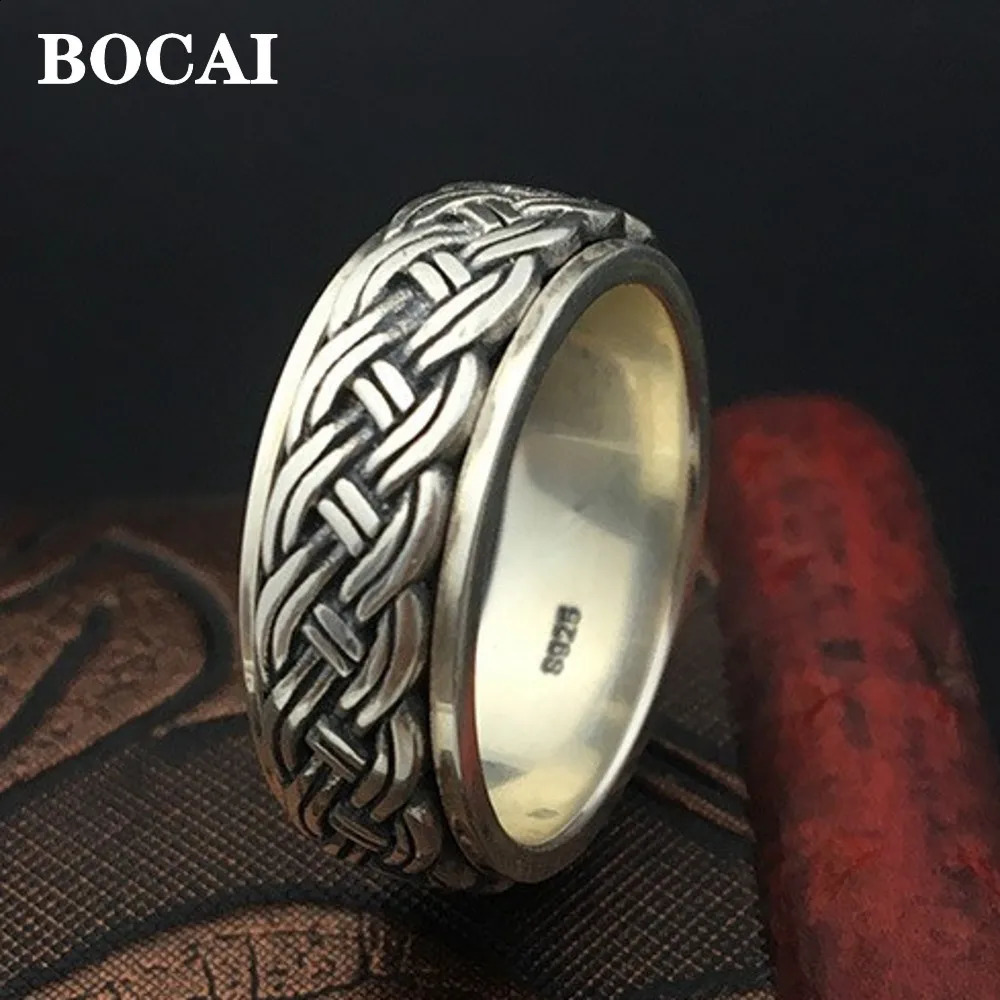 BOCAI Real S925 Sterling Silver Jewelry Fashion Retro Thai Man Ring Hemp Rope Simple Rotating Turn to Good Luck 250117