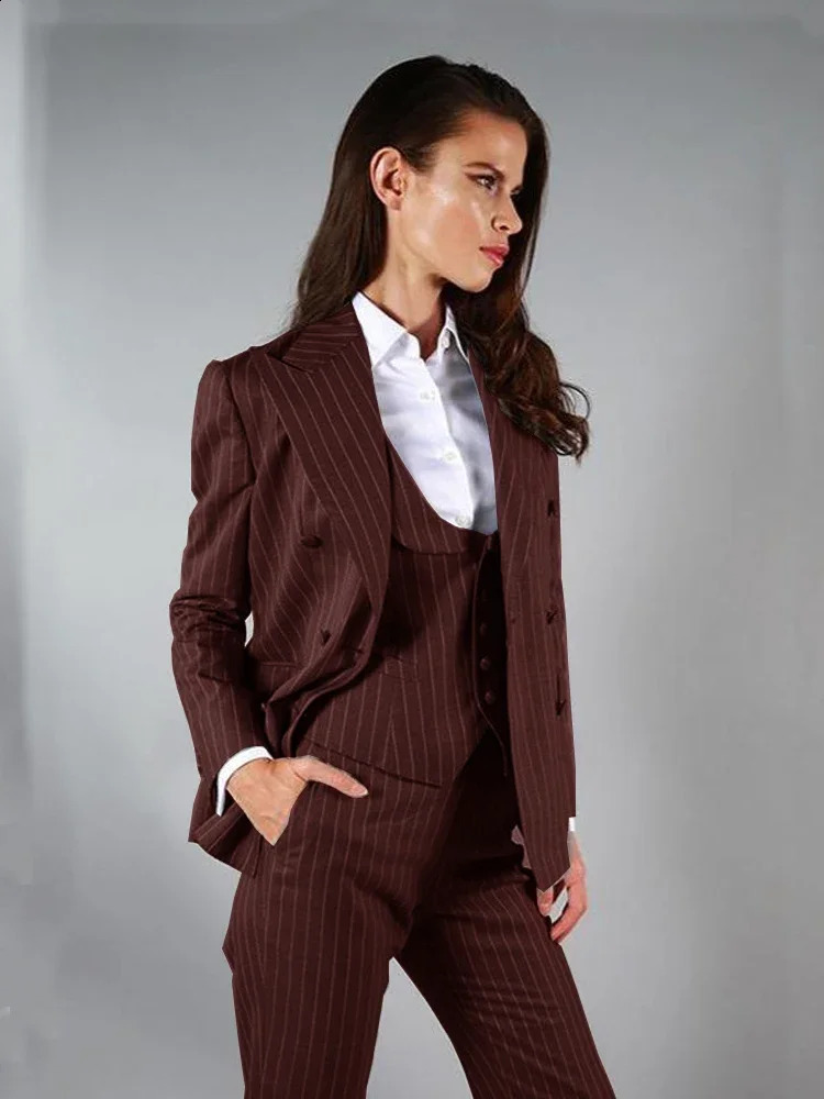 Womens Striped Suit 3 Pieces DoubleBreasted Casual Lady Blazer Tuxedo Suitable For Prom Jacket Vest Pants Lapel 250114
