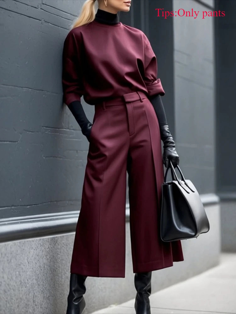 Freeacy Womens Fashion Wide Leg Ninth Pants Solid Color High Waist Pleated Trousers Elegant Urban Pants for Office Ladies 250117