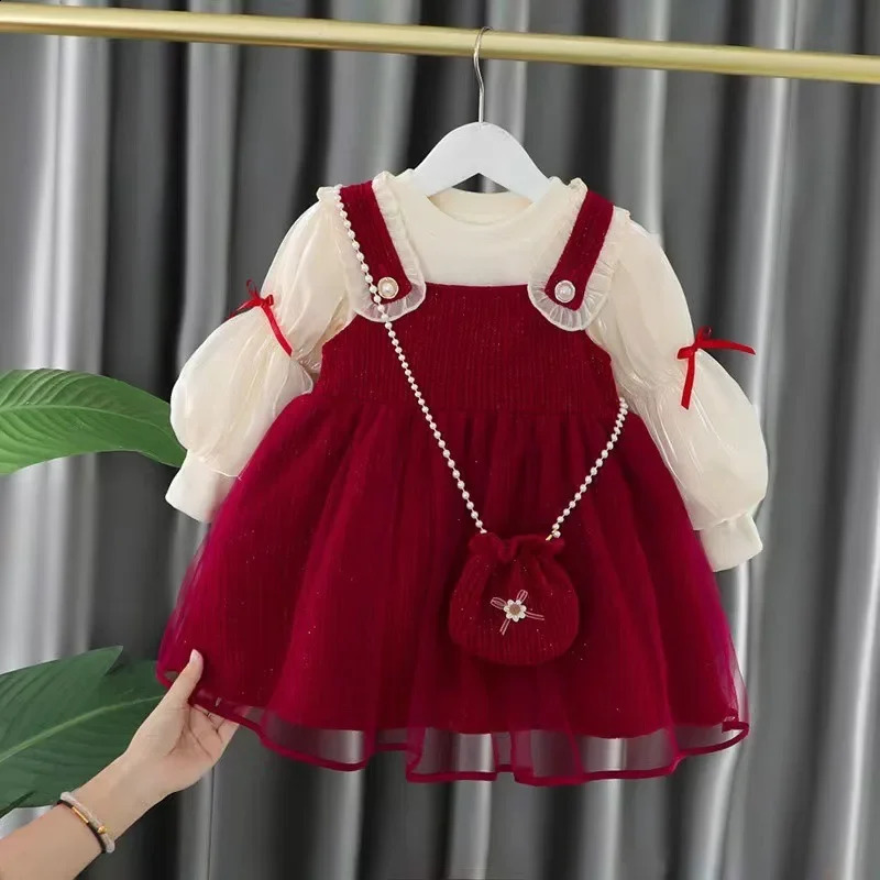 Dress for Baby Gilrs Basic Simple Fashion Bubble Sleeve Cute Bow Suspenders Skirt Two Sets To Send Diagonal Bag 250117