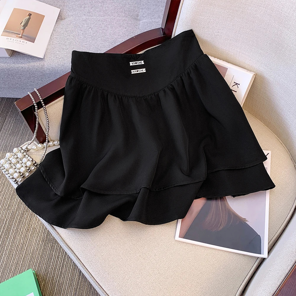 Plussize womens summer casual commuting loose comfortable skirt Black Aline high waist elastic pleated short big 250121