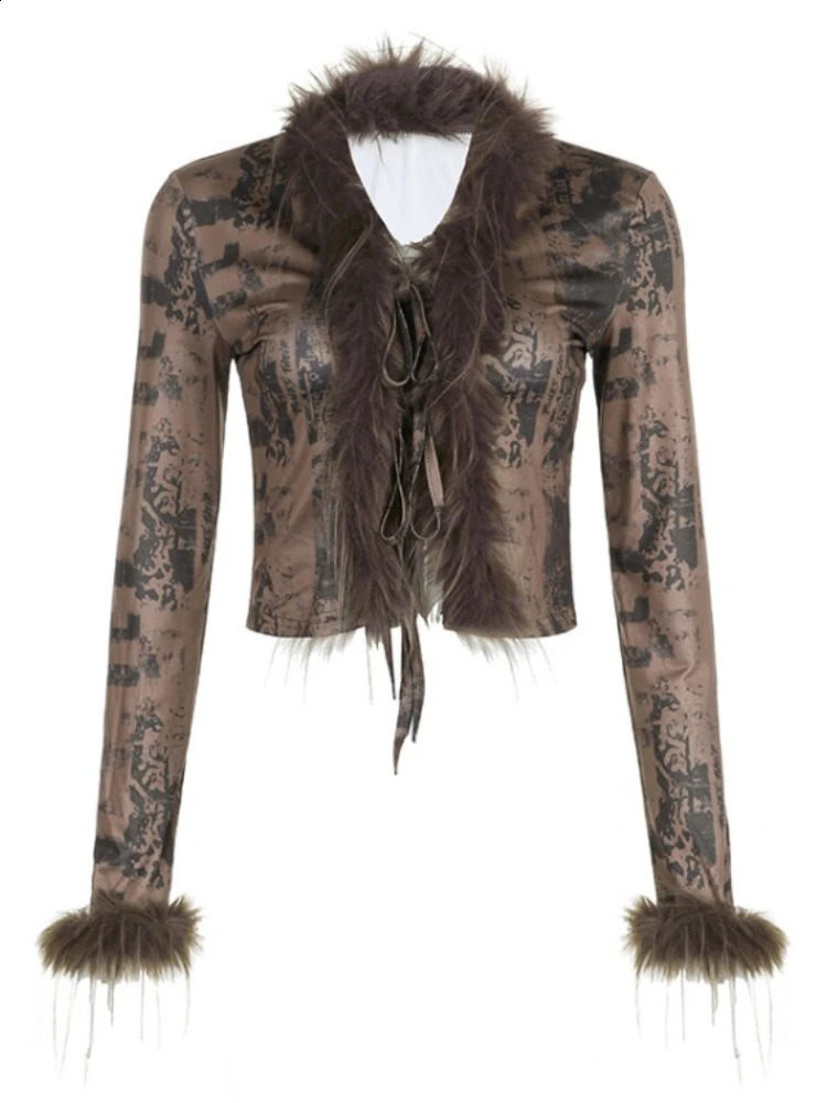Streetwear Trendy Harajuku Fluffy Womens Tops Bandage Grunge Y2k Aesthetic Sexy Coats Fashion Chic Slim Vintage Print Cardigans 250122