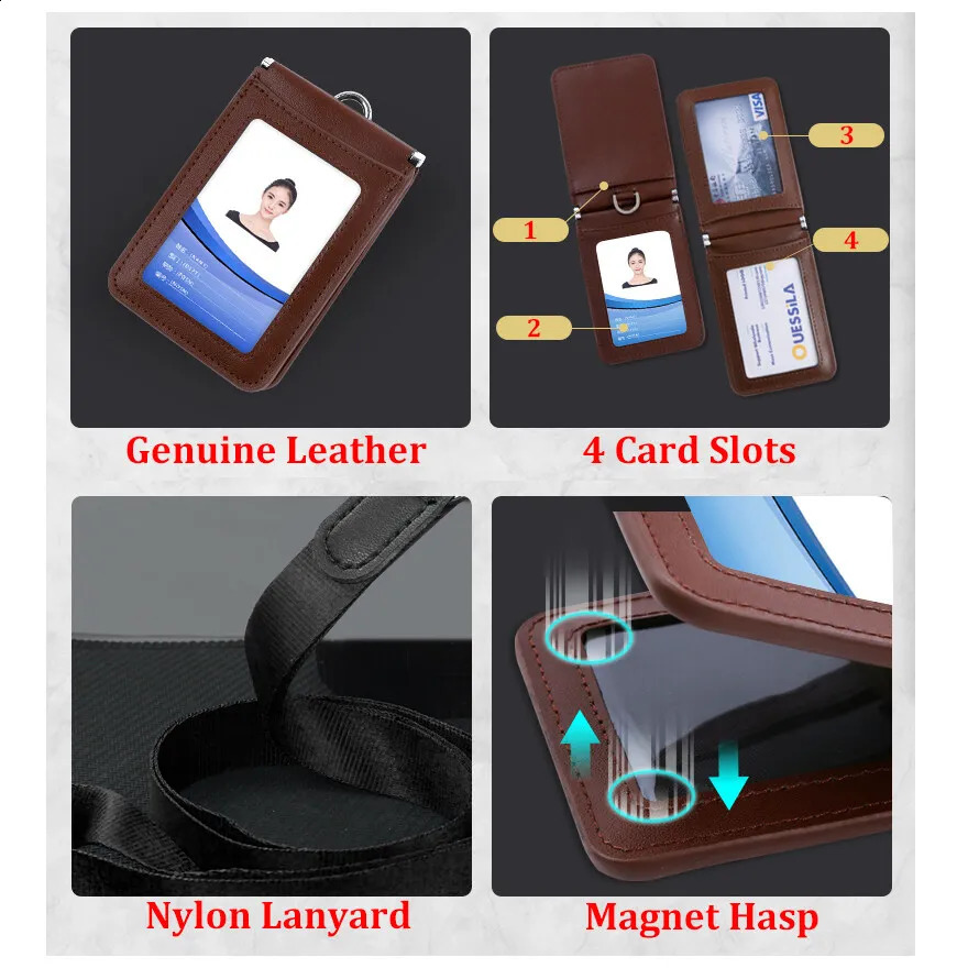 High Quality Genuine Leather ID Badge Holder Access Control Card Holders with Neck Lanyard Office Worker Magnet Hasp Campus Card 250120