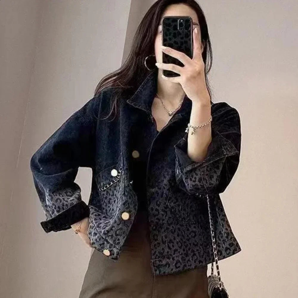 Female Jeans Coat Short Spring Autumn Small Crop Outerwears Graphic Blue Leopard with Print Womens Denim Jackets Black 250121