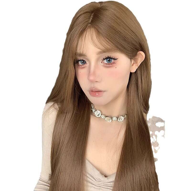 Lace Front Wig Cover T Shape Koni Overseas Good Girl Wig Female Daily Internet Celebrity Long Hair One Word Front Lace Middle Split Full Headset