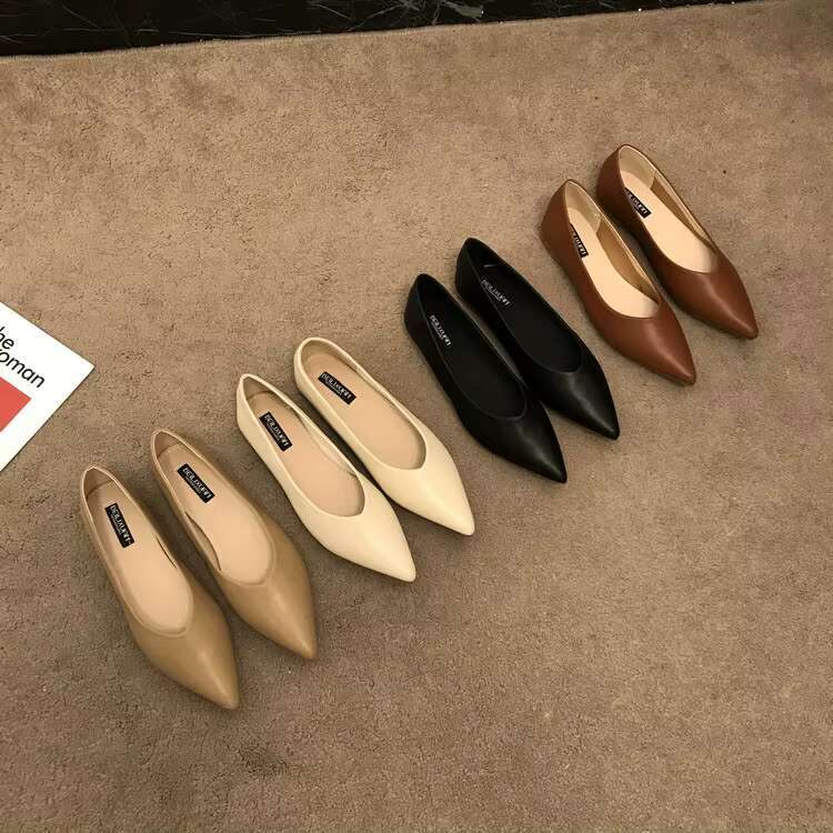for Women Solid Color Leather Flat Heel Black Flats Women's Shallow Mouth Soft Sole Work Shoes Pointed Toe 33 34 45
