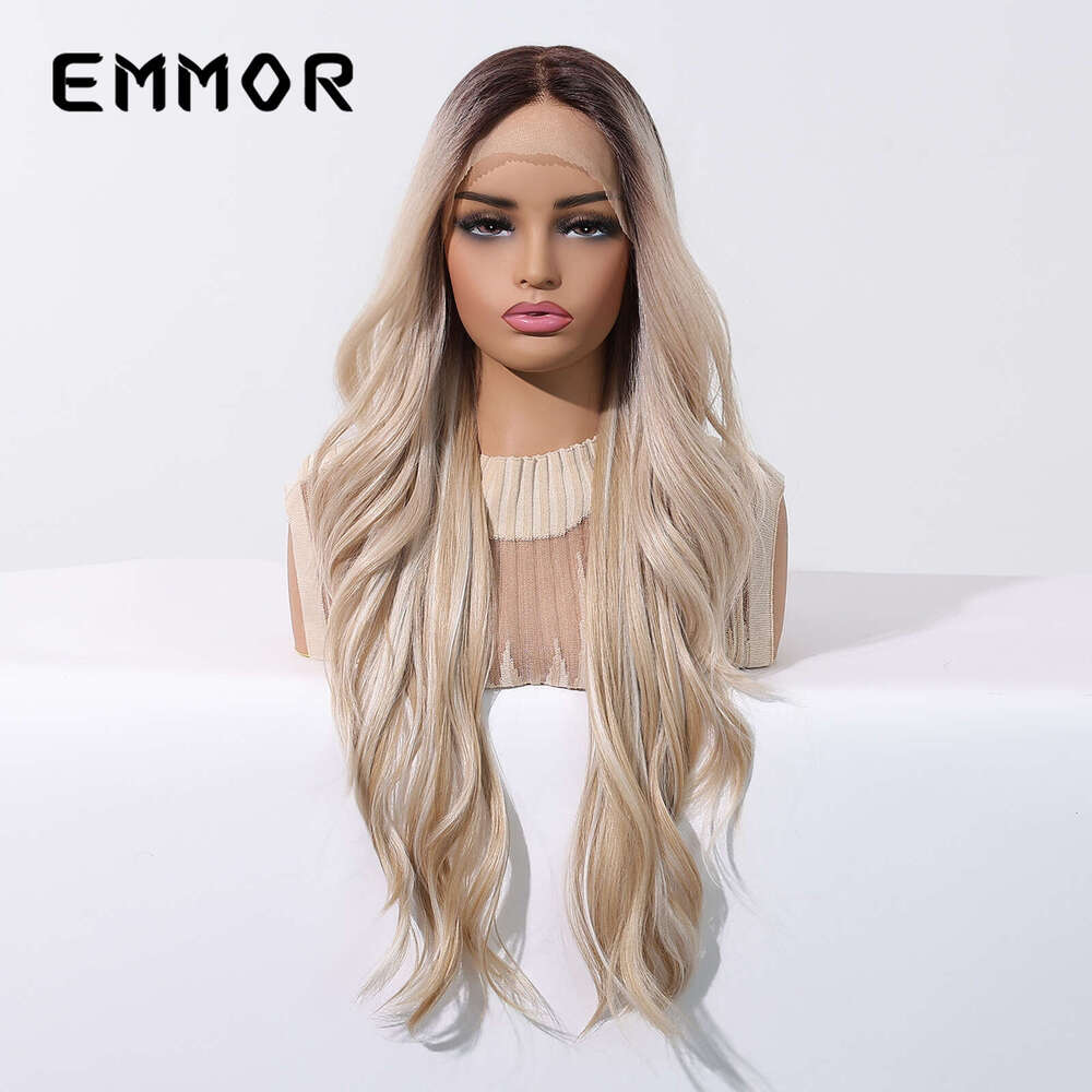 Lace Front Wig Cover T Shape Wig Female Area Front Lace Mid Split Gold Pickled Large Wave Long Curled Hair Fashion Full Head Cover