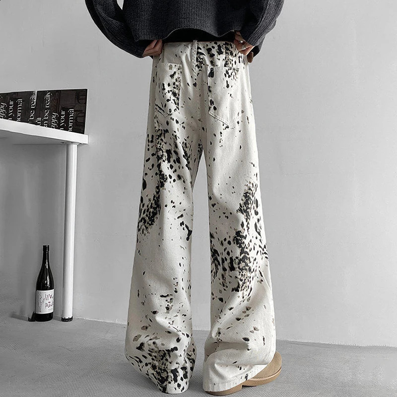 MWJQ Leopard Print n Jeans Mens High Street Loose Wide Leg Pants Full Length Denim Trousers 2025 Fashion 010033 250120