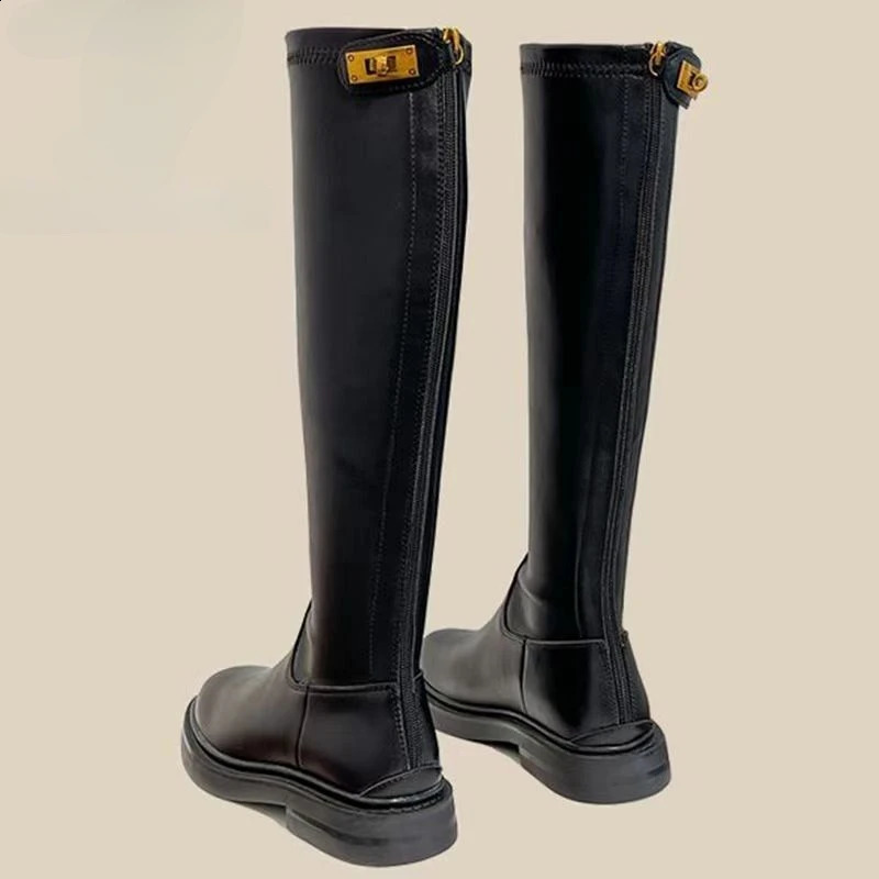 Leather Long Boots for Women Round Toe Elegant with Low Heels Knee High Shaft Shoes Woman Spring Autumn Y2k Boot Sale 250118