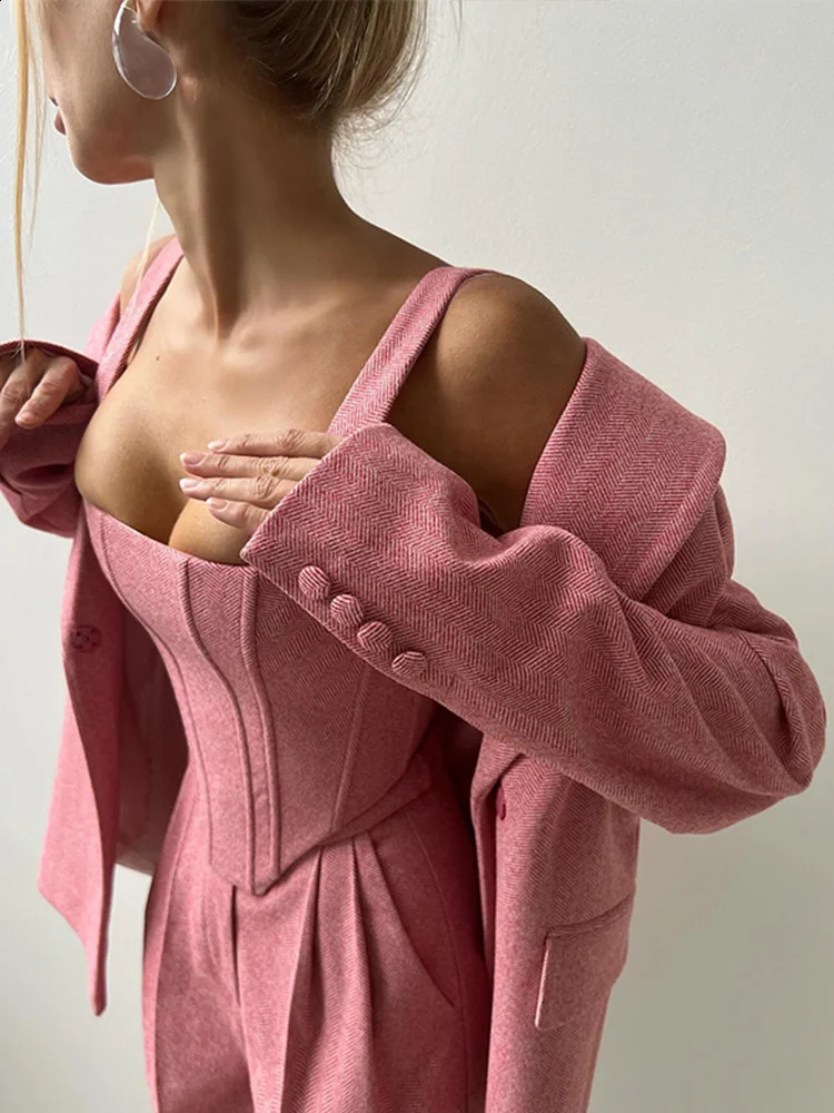 Elegant solid pants set 3-piece womens long sleeved jacket with zipper vest top waist wide Trousers city womens set 250118