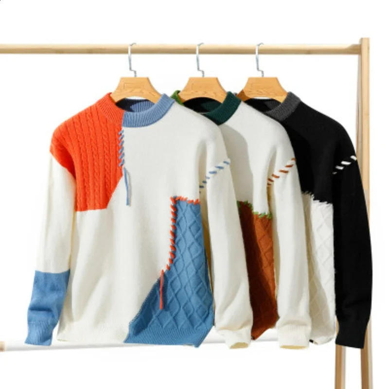 Autumn Winter Color Matching Sense Stitching Crew-neck Knitting Couple Fashion Plus Fleece Pullover Sweater 250116