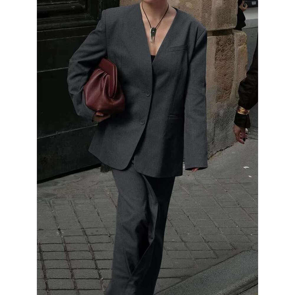 Autumn Vintage Solid Two-Piece Set Women 2024 New V Neck Blazer Jacket+Midi Skirts Elegant Fashion Simple Long Skirt Suits