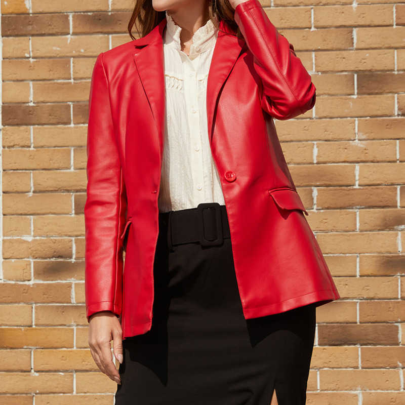 New Little Suit Long Sleeve Coat Womens Single Button Commuter Casual Solid Leather Coat Womens Leather Womens Jacket 241209