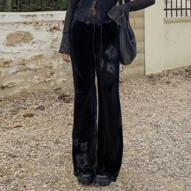 Rhinestones Star Velvet Flared Pants Y2K Aesthetic High Waist Baggy Sweatpants Casual Basic Boot Cut Trousers 250117