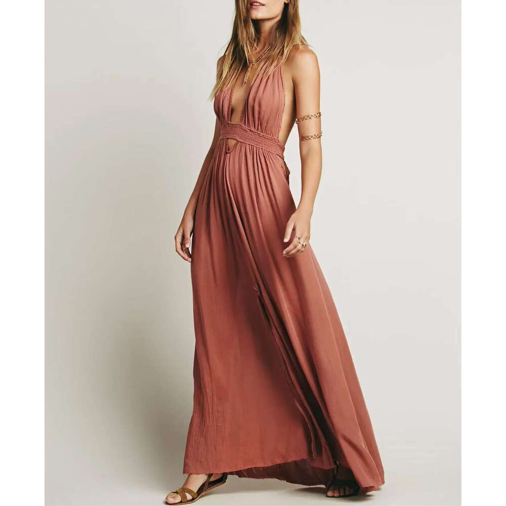 Beach Sundress V Neck Backless Sexy Holiday Cotton Maxi Dresses Boho Vestidos Vacation Strapless Dress