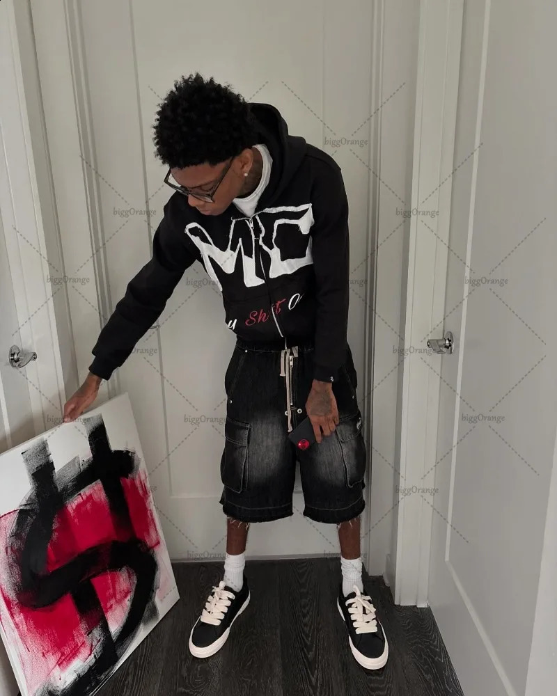 European and American Retro Street Harajuku Clothing Trendy Letters Oversized Hoodie Men Black Street Zipper Sweatshirt 250113