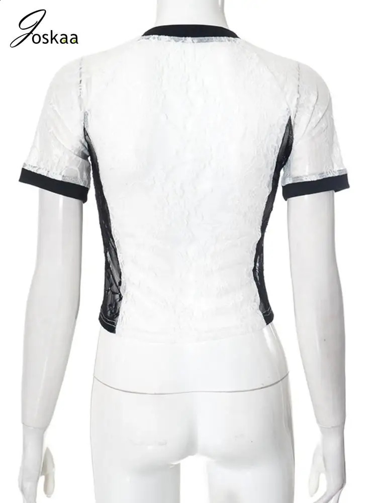 Joskaa Patchwork Number Rhinestone Lace T-Shirts Women Sexy See Through V-Neck Short Sleeve Crop Tops Party Club Streetwear 250109