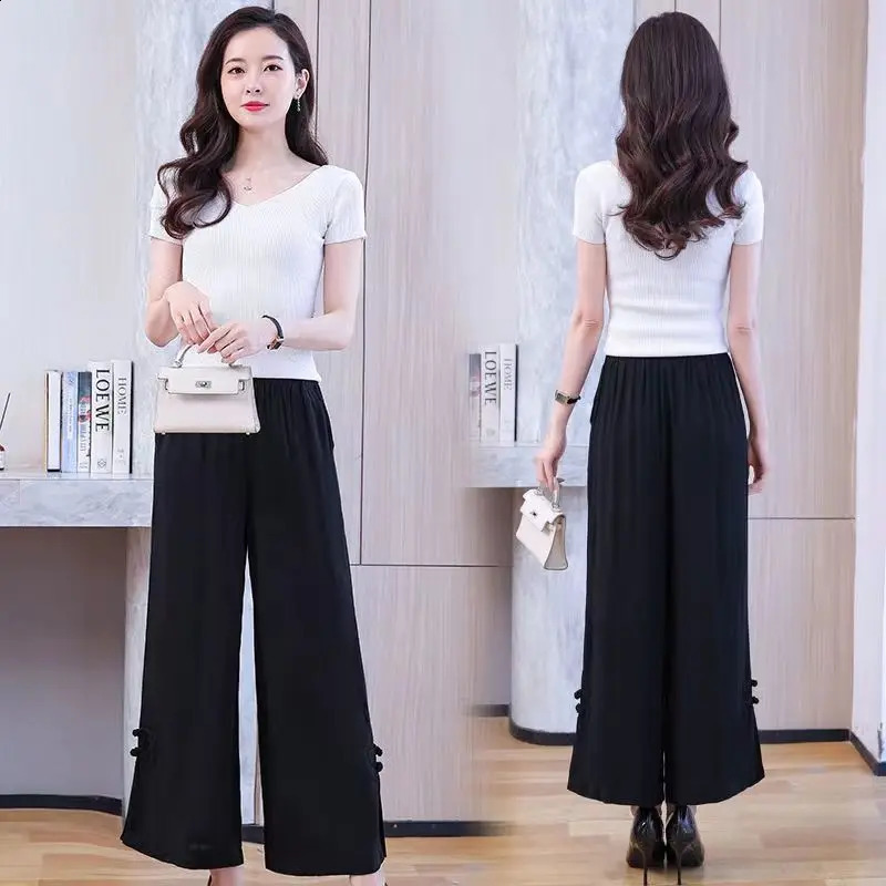 Women Summer Vintage Loose Large Size Appear Thin Solid Color High Waist Cropped Pants Clothes Casual Allmatch Wide Leg 250120