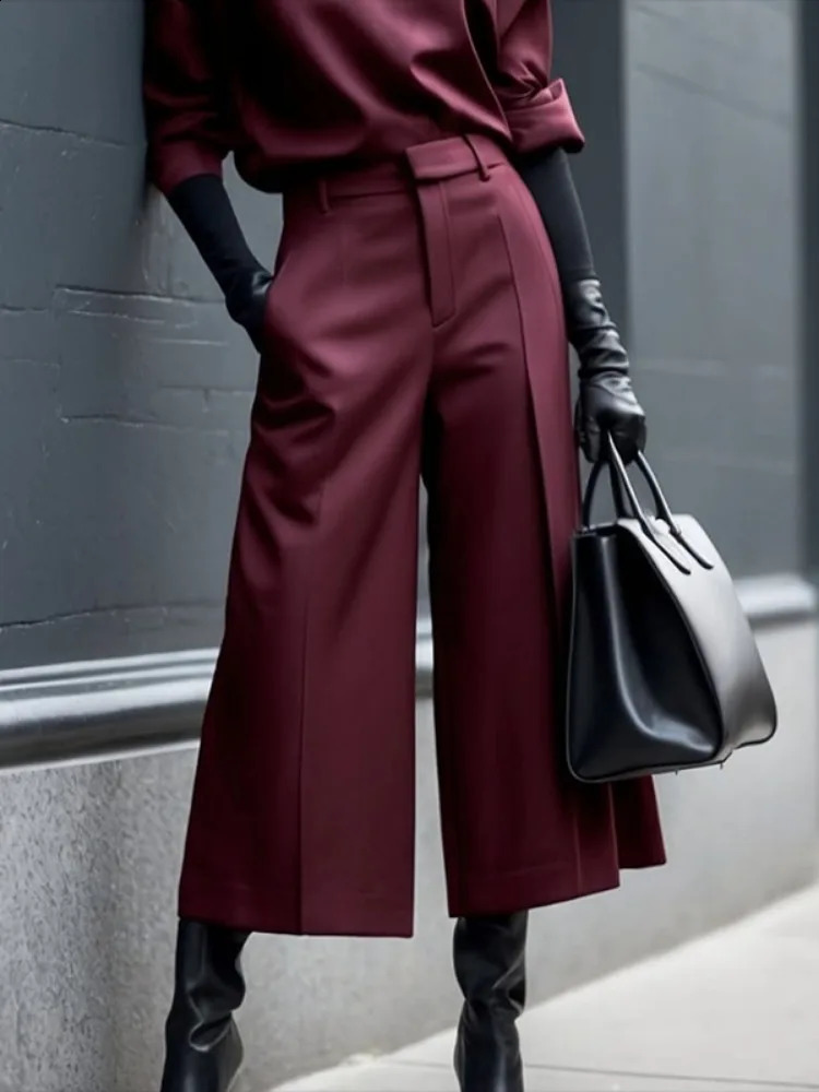 Freeacy Womens Fashion Wide Leg Ninth Pants Solid Color High Waist Pleated Trousers Elegant Urban Pants for Office Ladies 250117