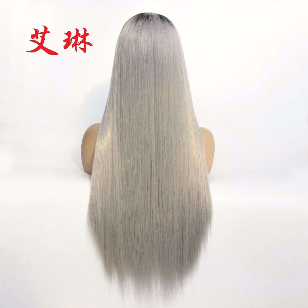 Lace Front Wig Cover T Shape Black Gradient Medium Grey Long Straight Hair Wig Synthetic Front Lace Half Hand Hook Head Cover Fashionable