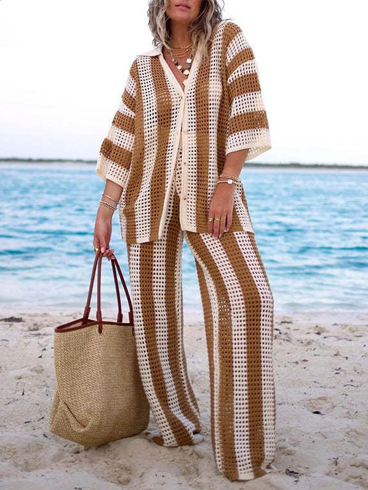 Womens Crochet Knitted Pant Sets Summer Beach Suits Casual Loose Cardigan Tops and Pant Beachwear 2 Piece Set 250120