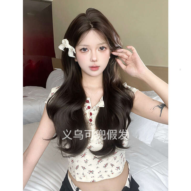 Lace Front Wig Cover T Shape Daily Black Tea Colored Wig With Front Lace Fetal Bangs Long Curly Hair Natural Full Head Cover
