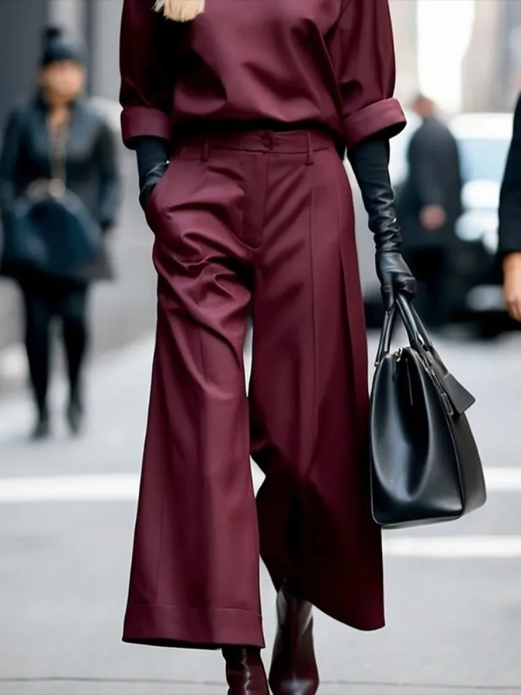 Freeacy Womens Fashion Wide Leg Ninth Pants Solid Color High Waist Pleated Trousers Elegant Urban Pants for Office Ladies 250117