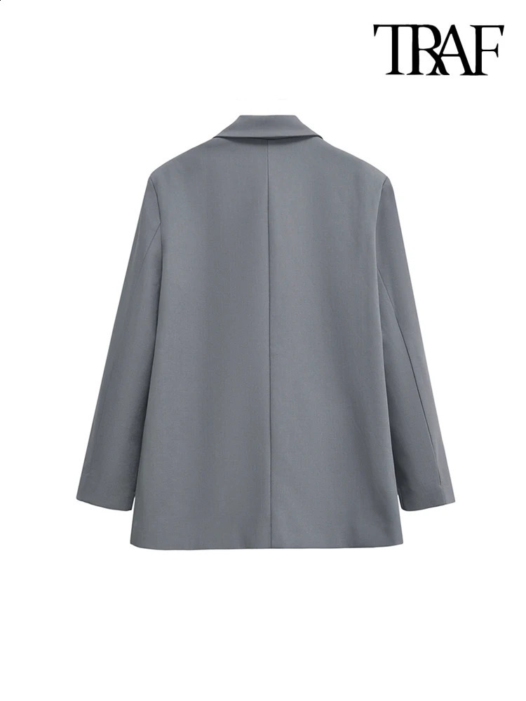 TRAF-Womens Double Breasted Office Wear Blazer Coat Long Sleeve Flap Pockets Female Outerwear Chic Tops Fashion 250109