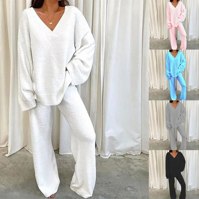 Autumn Winter Warm 2 Piece Outfits Women Long Sleeve V-neck Top Pullover And Casual Pants Set Elegant Tracksuits Loungewear 250122