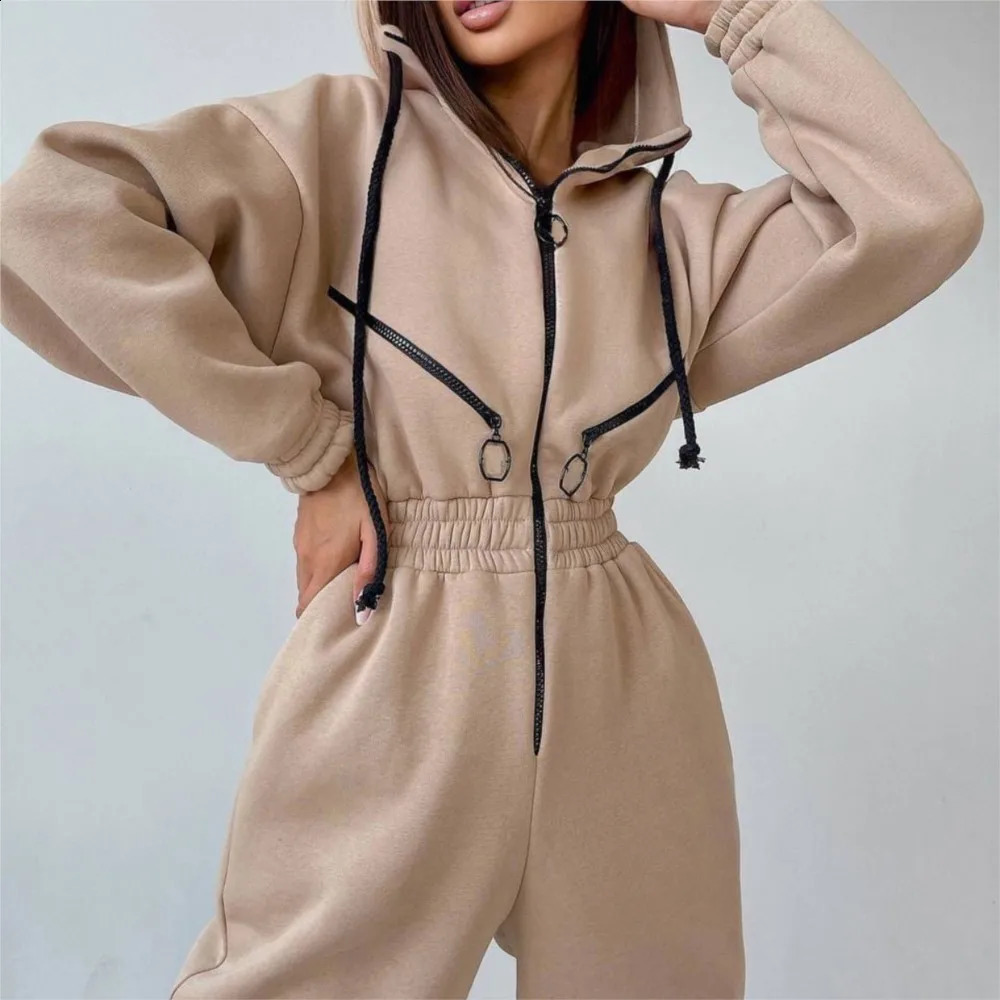 Autumn Womens Monochrome Long-Sleeved Jumpsuit Solid Color Zip-up Sportswear Female Winter Casual Tracksuit Fashionable Hoodies 250122