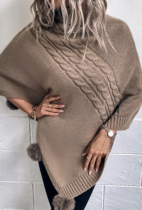 Autumn Womens Shawl Coat Solid Color Twisted Neck High Neck Pullover Sweater Bat Sleeve Knitted Sweater Wool Ball n Shawl 250121