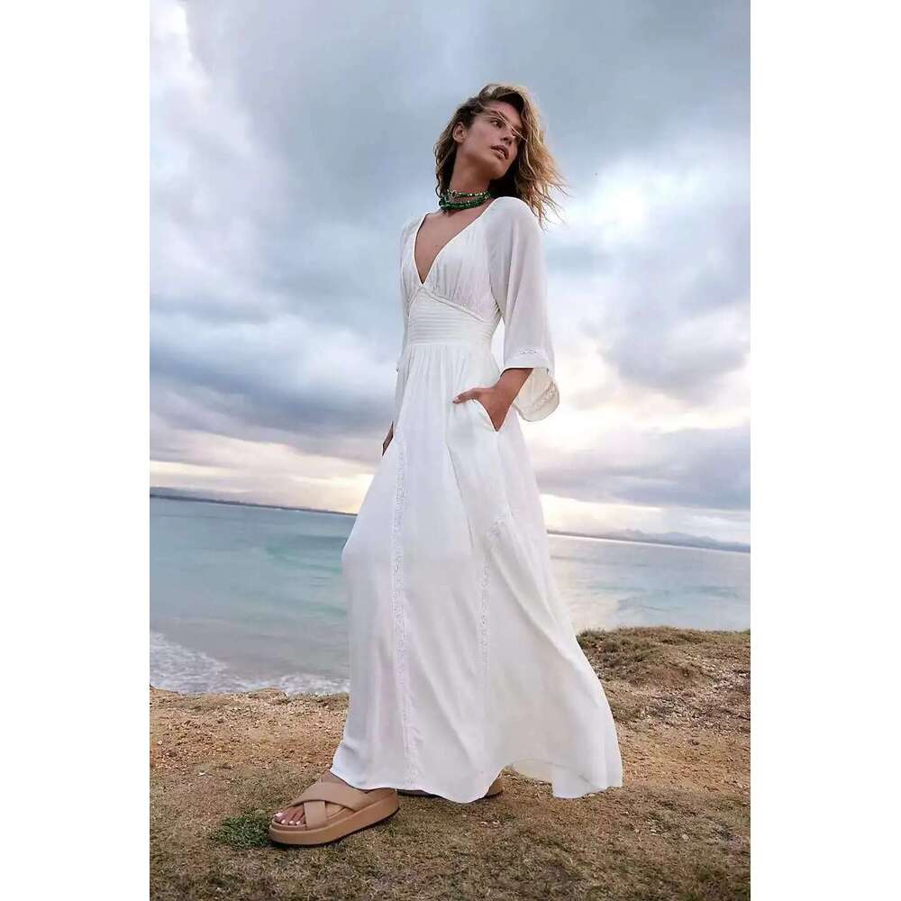 New Arrival Solid Color Long Beach Dress Sexy V-Neck High Waist Chiffon Sundress Flare Sleeve Summer Vestidos Mujer