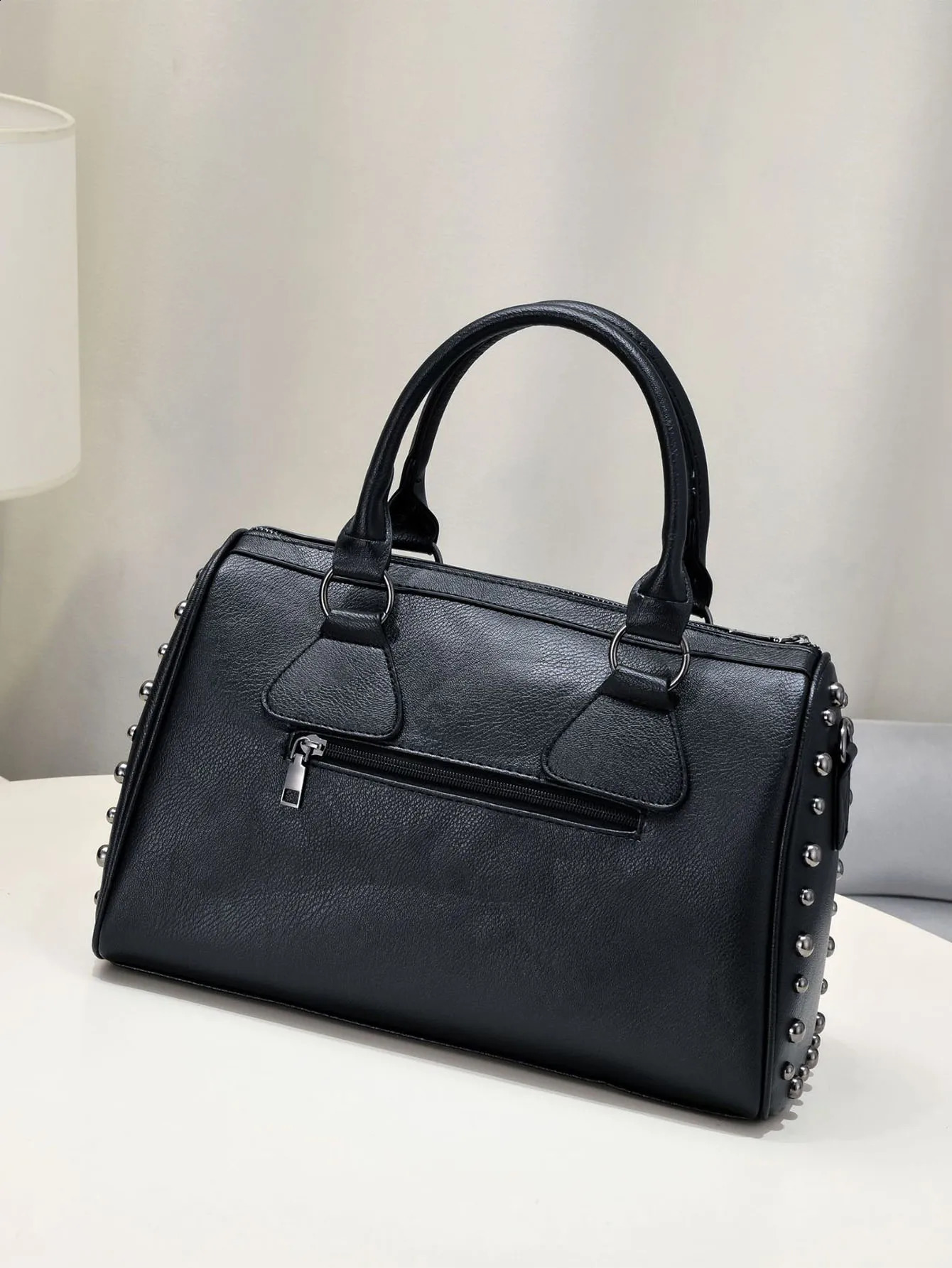 Black punk style handbag personalized rivet trend Boston large capacity shoulder messenger bag black 250122