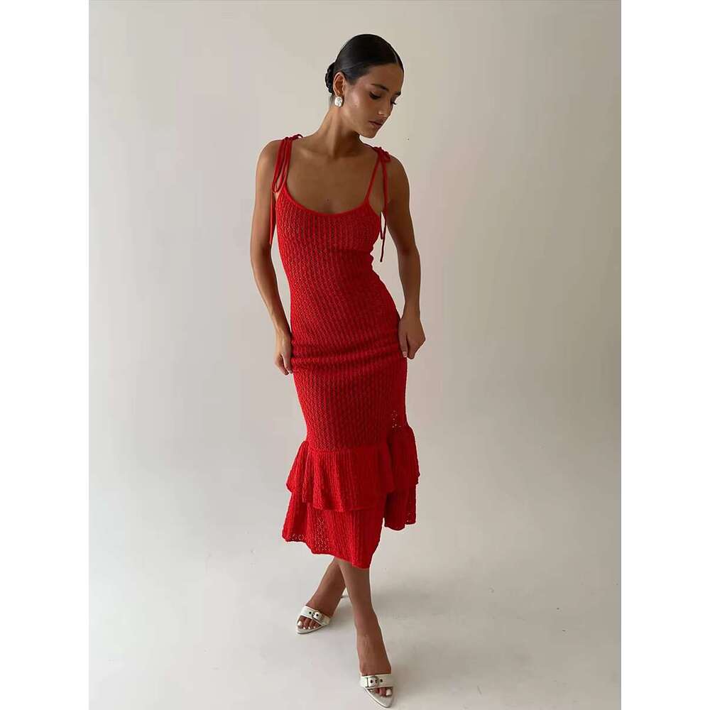 Summer Sexy Hollow Out Knit Holiday Women Sleeveless Tiered Fungus Evening Party Dresses Elegant Fashion Sheer Long Dress