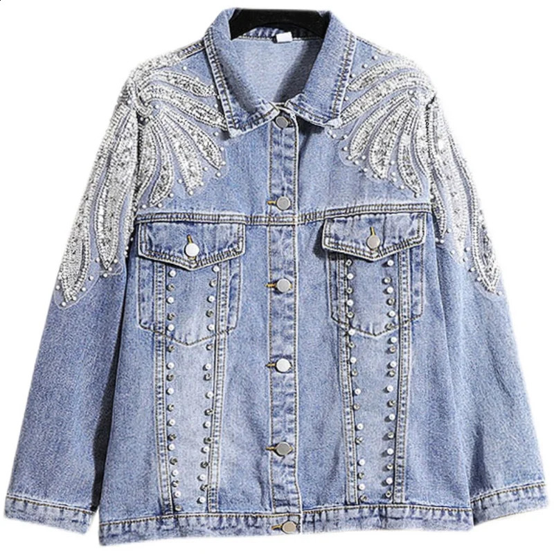 StreetWear Loose Jean Jacket Women Denim Jackets Autumn Fashion Heavy Beads Diamond Embroidered Flower Female Coats Top 250116