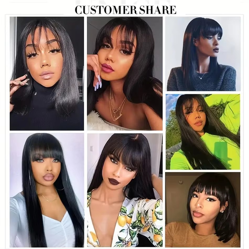 100% Human Hair Wig With Bangs Short Bob lace frontal Wigs For Black Women 150% density Brazilian silky straight 30 Inch Long Fringe Wig