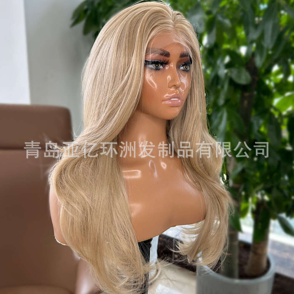 Lace Front Wig Cover T Shape Front Lace Wig High End Synthetic Gold Eight Character Bangs Japanese Silk Imitation Human Hair Headband
