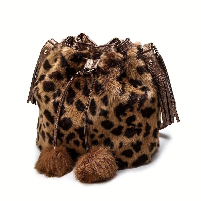 Plush Leopard Print Bucket Bag Fashionable Drawstring Crossbody Bag Womens Shoulder Bag Internal Phone Bag 250122