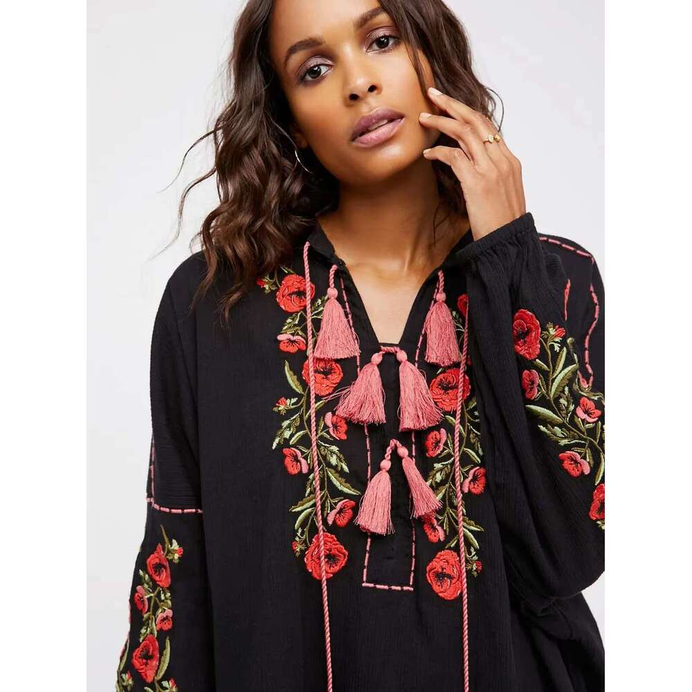 Women's Boho Style Mini Loose Ral Embroidery Black Oversized Short Beach Holiday Dress Vintage Chic Robes