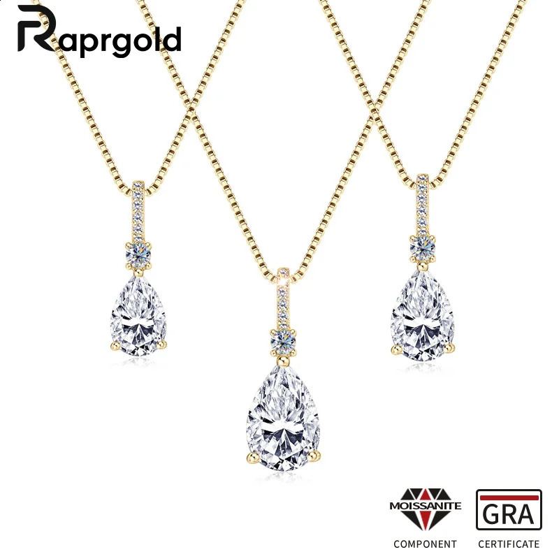 RAPRGOLD GRA Certified Pear Cut Pendant Necklaces for Women 925 Sterling Silver Chains Wedding Jewelry Gifts Collares 250121