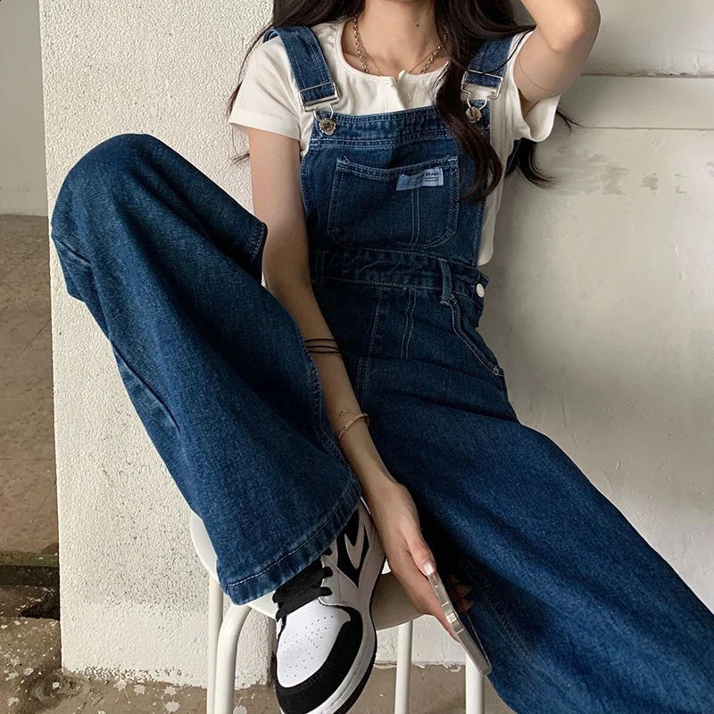 MEXZT Vintage Denim Jumpsuits Women Streetwear Wide Leg Jeans Overalls Korean Baggy Suspender Pants Summer Straight Trousers 250122