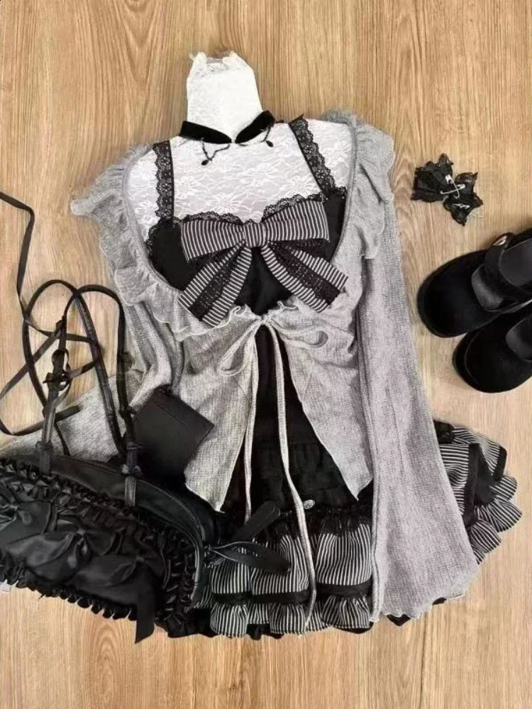 Womens Sweet Lolita Strap Ruffled Cardigan Sexy Slim OffShoulder Vest Autumn and Winter Pleated Skirt Threepiece Set Y2k 250122