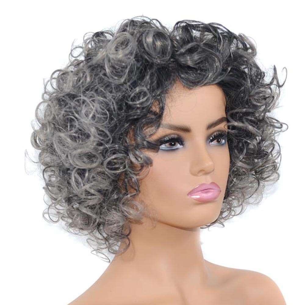 Lace Front Wig Cover T Shape Black Sier Gray Short Wig With Slightly Curled Chemical Fiber Explosive Head Fluffy Curly Hair Headband