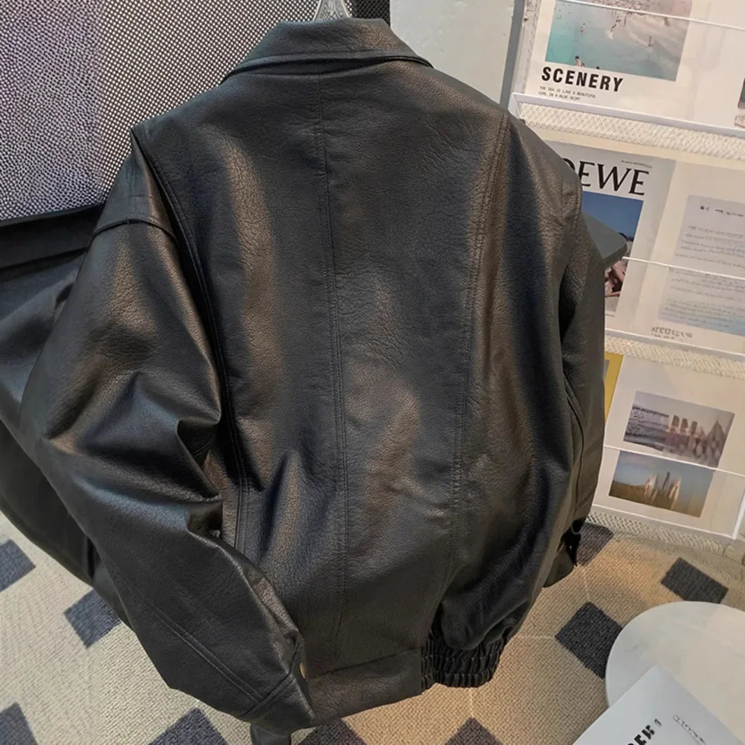 Mens Spring Autumn HighEnd FeelStand Collar Pu Jacket LooseFit Trendy Motorcycle Vintage Leather Clothing 250109