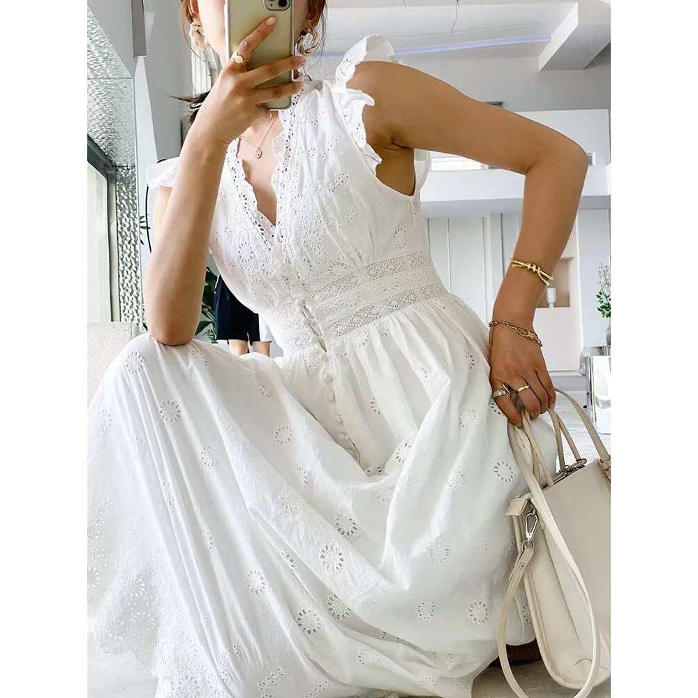 Summer White New Ladies Embroidery Midi Dress V-Neck High Waist Cotton Long Dresses Button Up Lace Boho Vestidos
