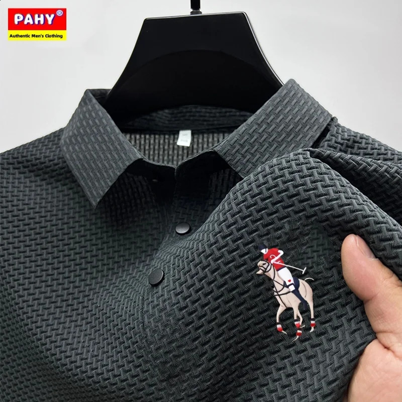 Mens short sleeved polo shirt ice silk jacquard casual business fashion stand up collar summer style 250118