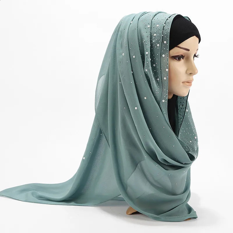 Women Muslim Plain Bubble Pearl Chiffon Scarf Hijab Diamond Rhinestone Shawls Headband Foulard Femme hijabs Scarves 250121