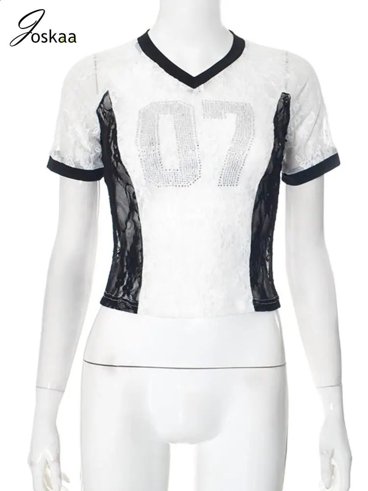 Joskaa Patchwork Number Rhinestone Lace T-Shirts Women Sexy See Through V-Neck Short Sleeve Crop Tops Party Club Streetwear 250109